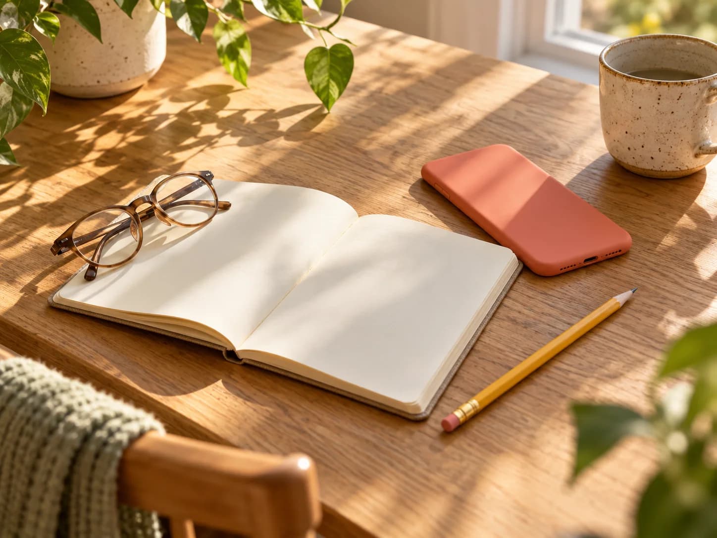 A phone, open notebook, pencil, and reading glasses arranged on a table.