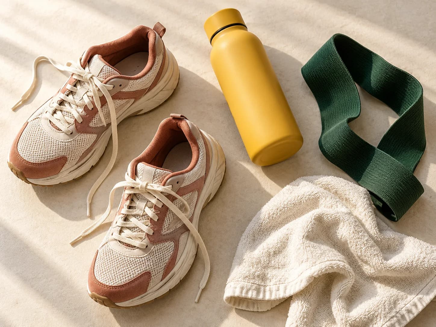 Walking shoes, a reusable water bottle, a resistance band, and a towel laid out for everyday movement.